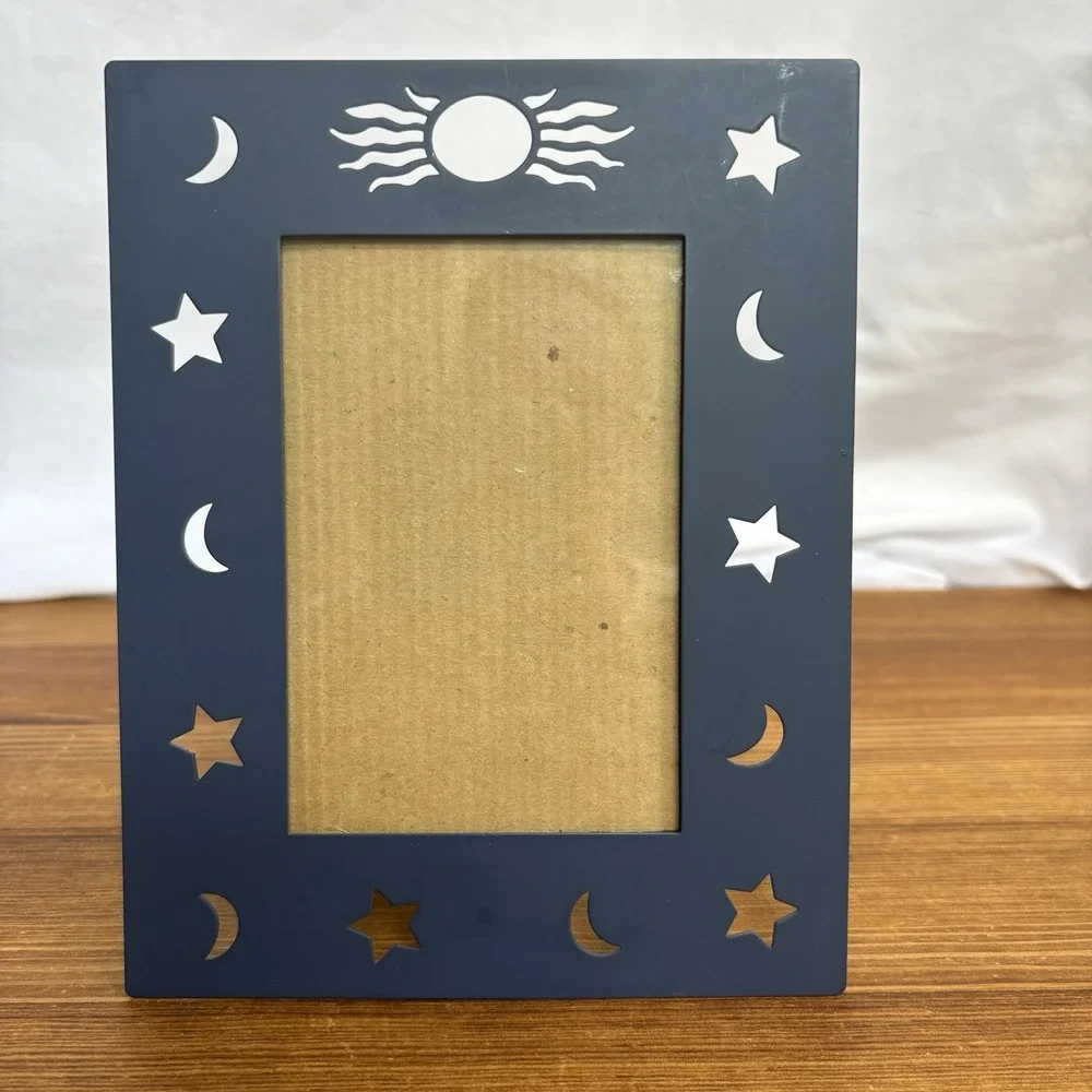Vintage Celestial Sun Moon Stars Metal Photo Frame Navy Blue Boho Y2K 4x6
